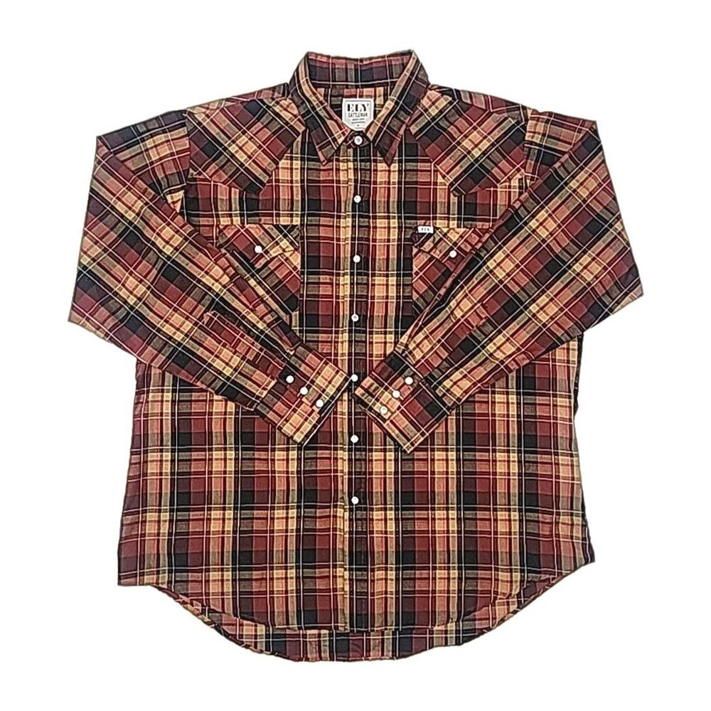 Ely Cattleman Western Shirt Pearl Snap Men Sz XL Brown Black Plaid Cowboy Rodeo
